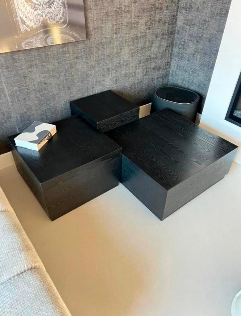 Woood zwarte houtnerf bijzettafels, set van 3 stuks, Ophalen, Minder dan 45 cm, Gebruikt, Vierkant