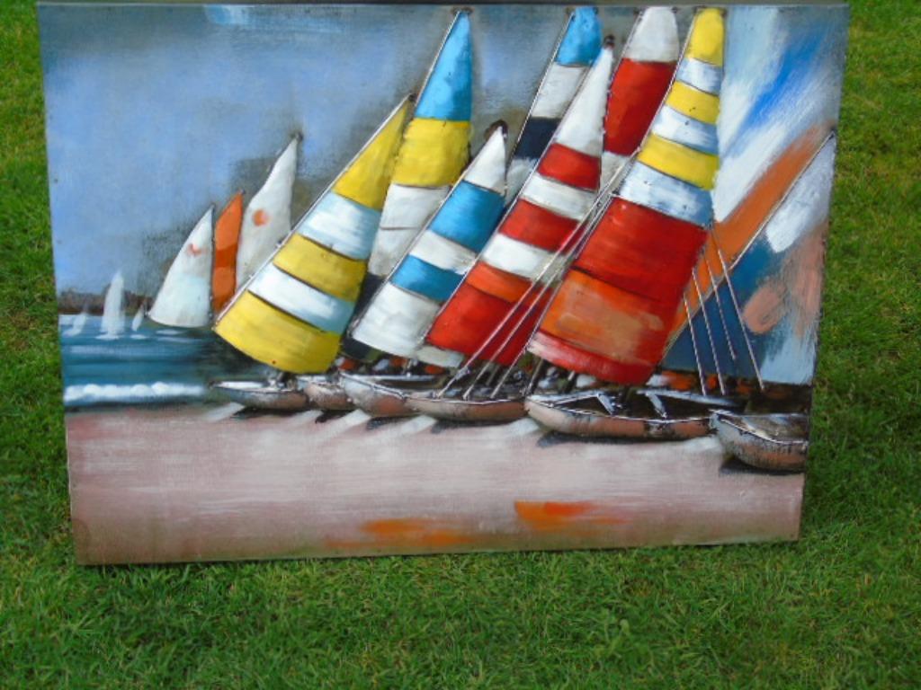 schilderij, metalen frame met reliëf, de ZEILBOTEN., Ophalen, Nieuw