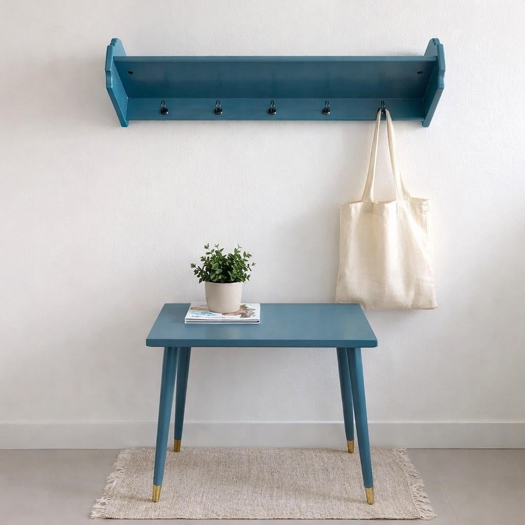 Unieke retro set – kapstok + tafeltje | Geüpcycled, Maison & Meubles, Accessoires pour la Maison | Portemanteaux, Comme neuf, Portemanteau mural