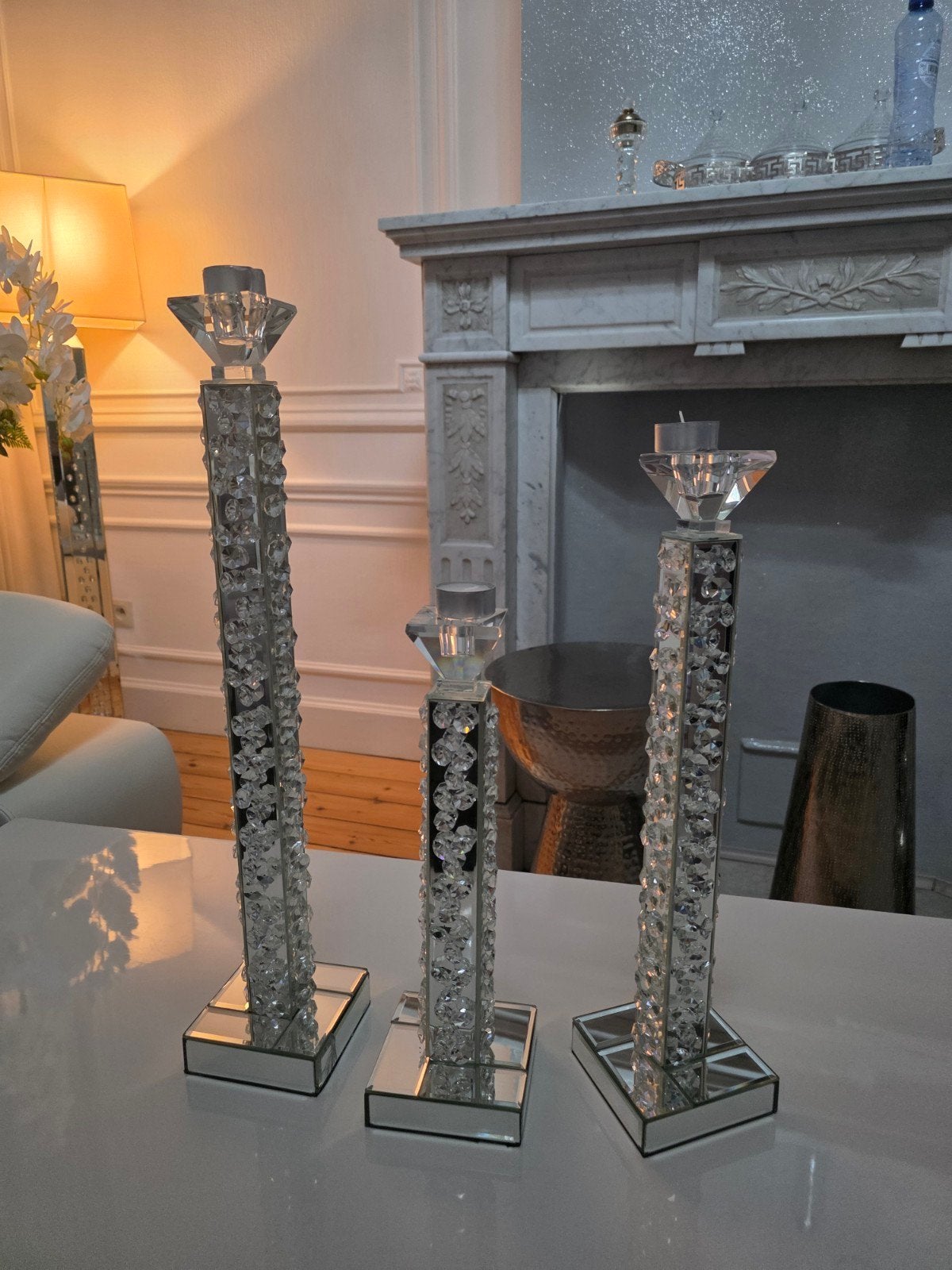 Lot de 3 bougeoirs à strass argenté, Enlèvement, Argent