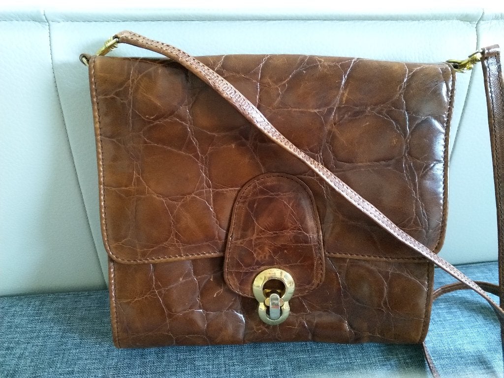 Krokodil lederen hand tas     35 euro, Ophalen, Zo goed als nieuw, Bruin, Handtas