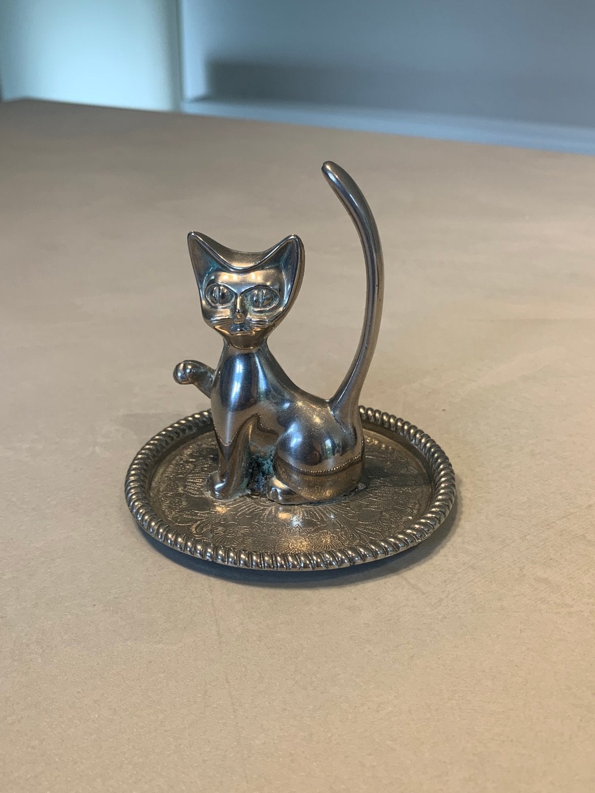 Porte-bague en forme de chat en métal argenté vintage, Enlèvement ou Envoi