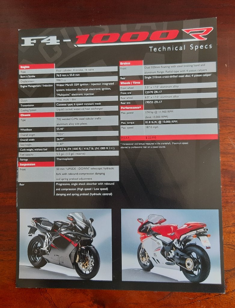 MV Agusta F4-1000R Technische Specificaties brochure, Motos, Enlèvement ou Envoi, MV Agusta