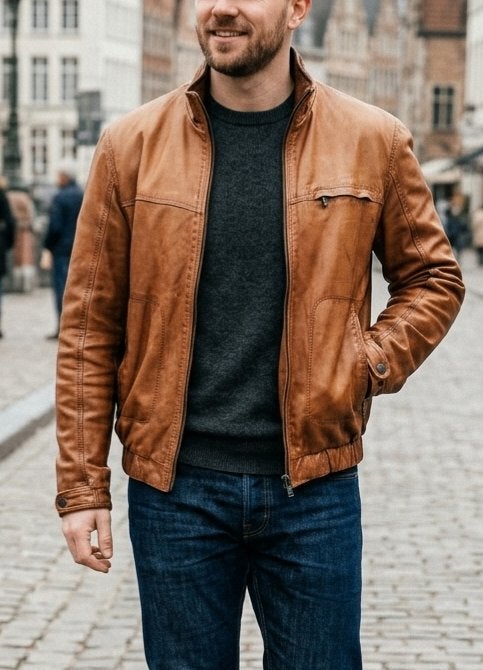 Tommy Hilfiger leren jas, Ophalen, Maat 52/54 (L), Bruin, Zo goed als nieuw