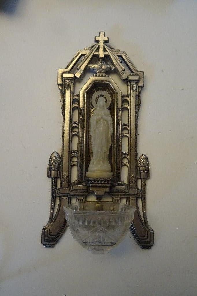 BENITIER Art déco en METAL ET RESINE +- 1925, Collections, Enlèvement ou Envoi, Utilisé, Autres types, Christianisme | Catholique