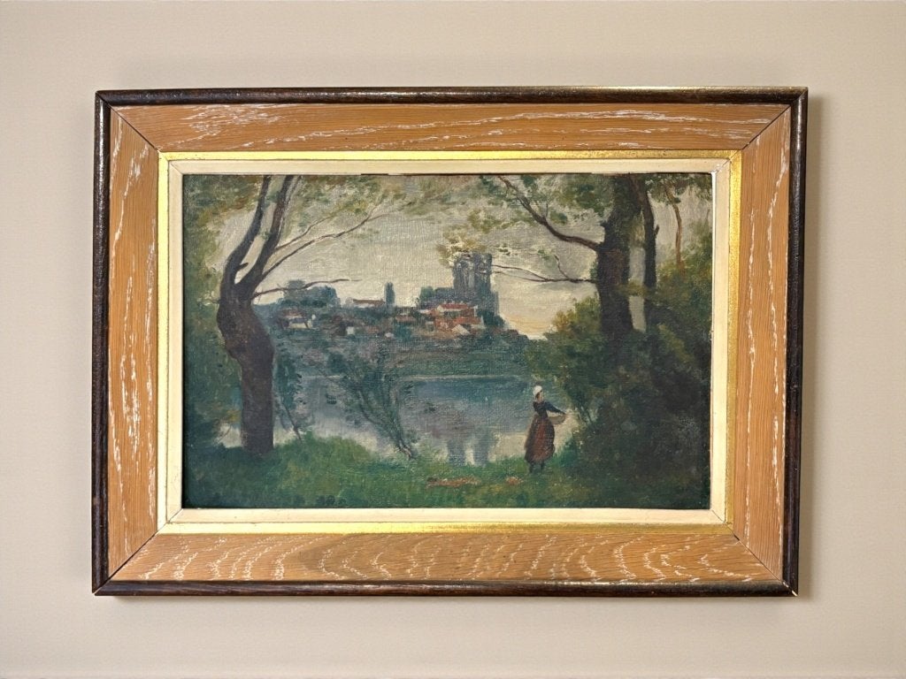 Paul Cuvelier - Huile sur panneau ancienne  – paysage animé, Enlèvement