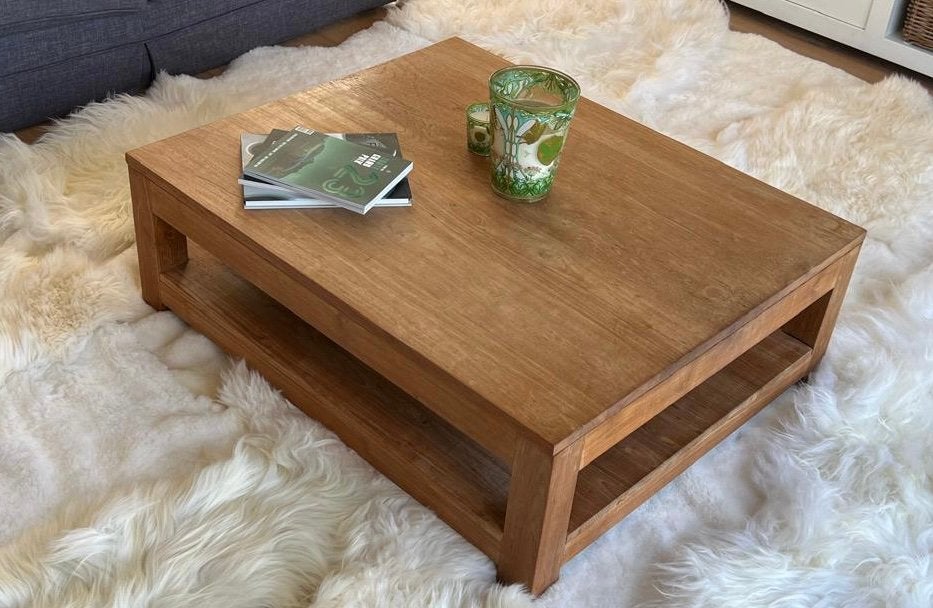 Teakhouten salontafel 1m op 1m20, Huis en Inrichting, Tafels | Salontafels, Ophalen, 100 tot 150 cm, 5 – 50, Vierkant