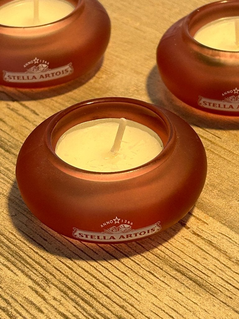 Stella Artois Kaarsjes houder in Rood glas , set van 3 stuks, Ophalen of Verzenden, Nieuw, Glas of Glazen, Stella Artois