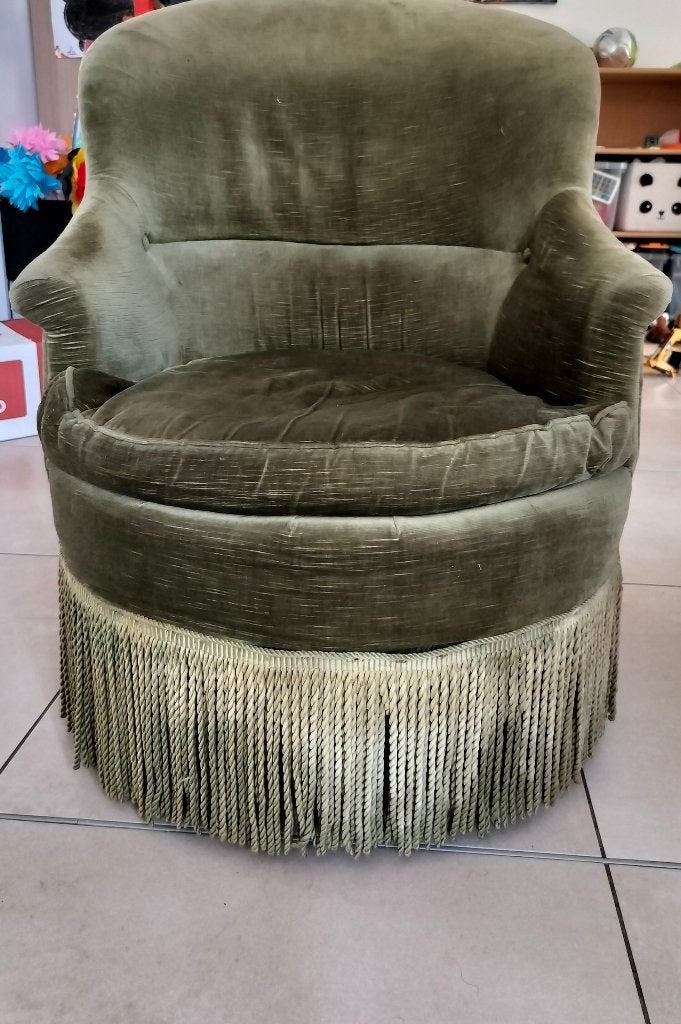 Fauteuil crapaud vintage vert olive, Maison & Meubles, Fauteuils, Enlèvement, Utilisé