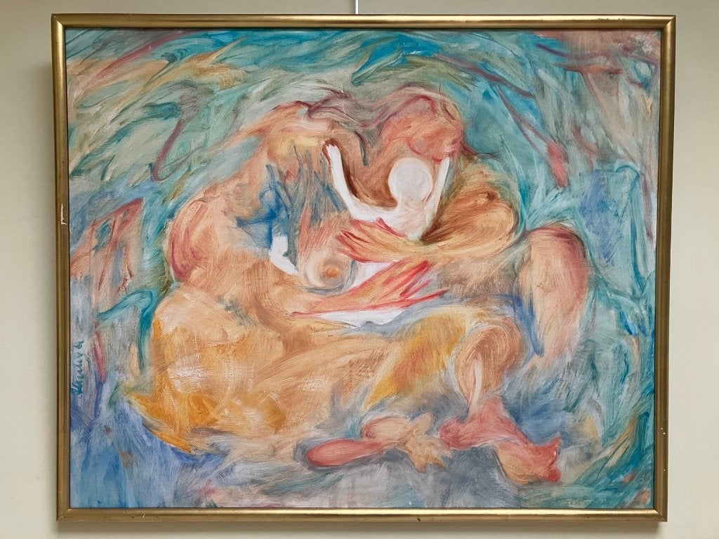 Peinture « Maternité » d'Almaga, Antiquités & Art, Art | Peinture | Moderne, Enlèvement, Signé, Peinture à l'huile, Abstrait