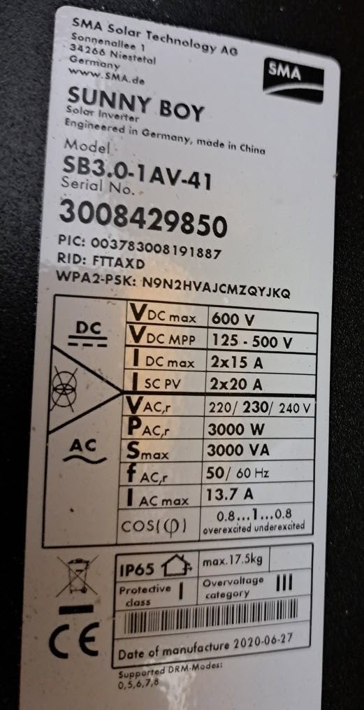 SMA Sunny Boy SB3.0 1AV 41 omvormer, Doe-het-zelf en Bouw, Zonnepanelen en Toebehoren, Ophalen, Gebruikt, Overige typen, 200 wattpiek of meer