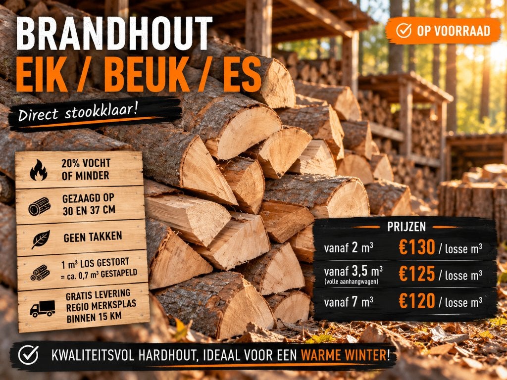Droog brandhout eik • beuk • es - vanaf €120/m³, Minder dan 3 m³, Ophalen, Eikenhout, Blokken