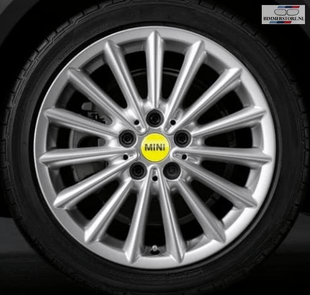 Mini naaf embleem logo set velg 56mm bright yellow nieuw 361, -, Origine de la pièce connue, -, -