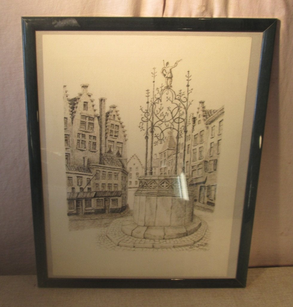 Beau dessin « Au cœur de la vieille ville » - Delbaere, Enlèvement ou Envoi, Dessin, Fait main