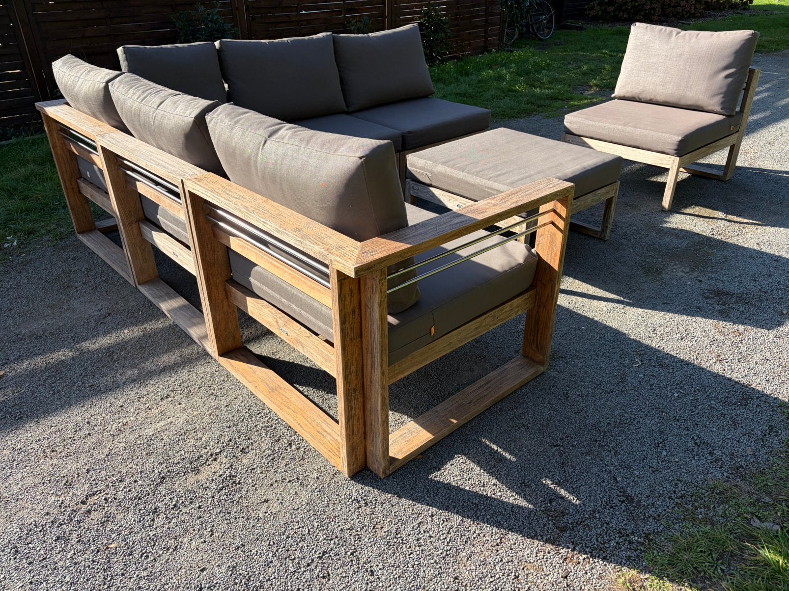 Loungeset LIFE teakhout met bijhorende kussens en hocker, Tuin en Terras, Ophalen, Inox, Hocker, Zo goed als nieuw