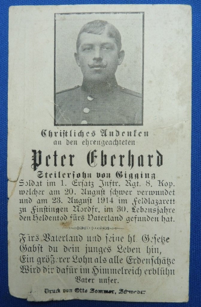 WO1 bidprent Peter Eberhard gesneuveld 1914 te Finstingen, Verzenden, Landmacht, Overige typen