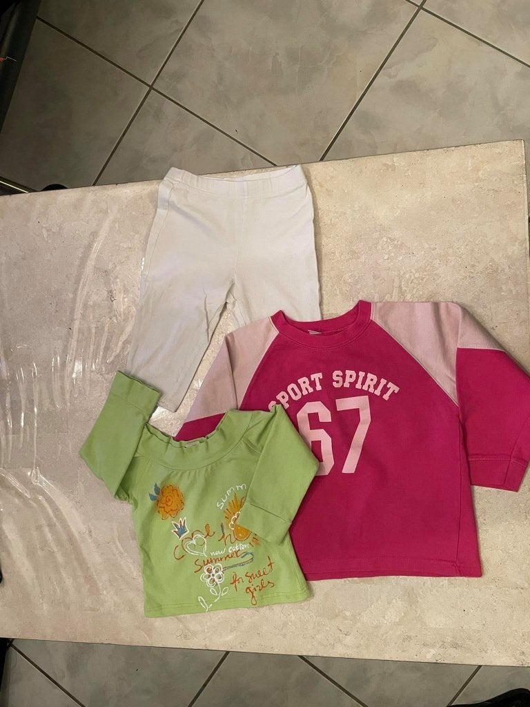 5/6 jaar Sweat Legging blouse roze groen wit 5 jaar, Ophalen of Verzenden, Zo goed als nieuw