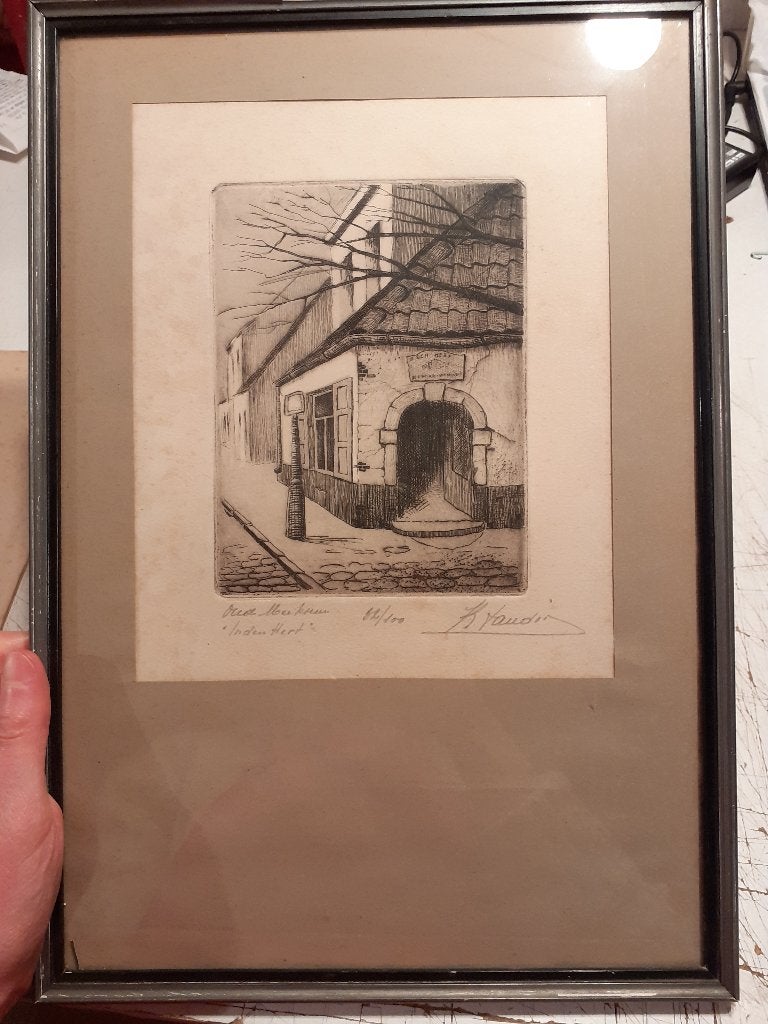 Oude ets - met kader, Ingelijst, Ets, Stadsgezicht, Ophalen of Verzenden