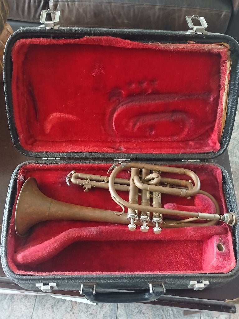 Vintage cornet in rode koffer, Enlèvement