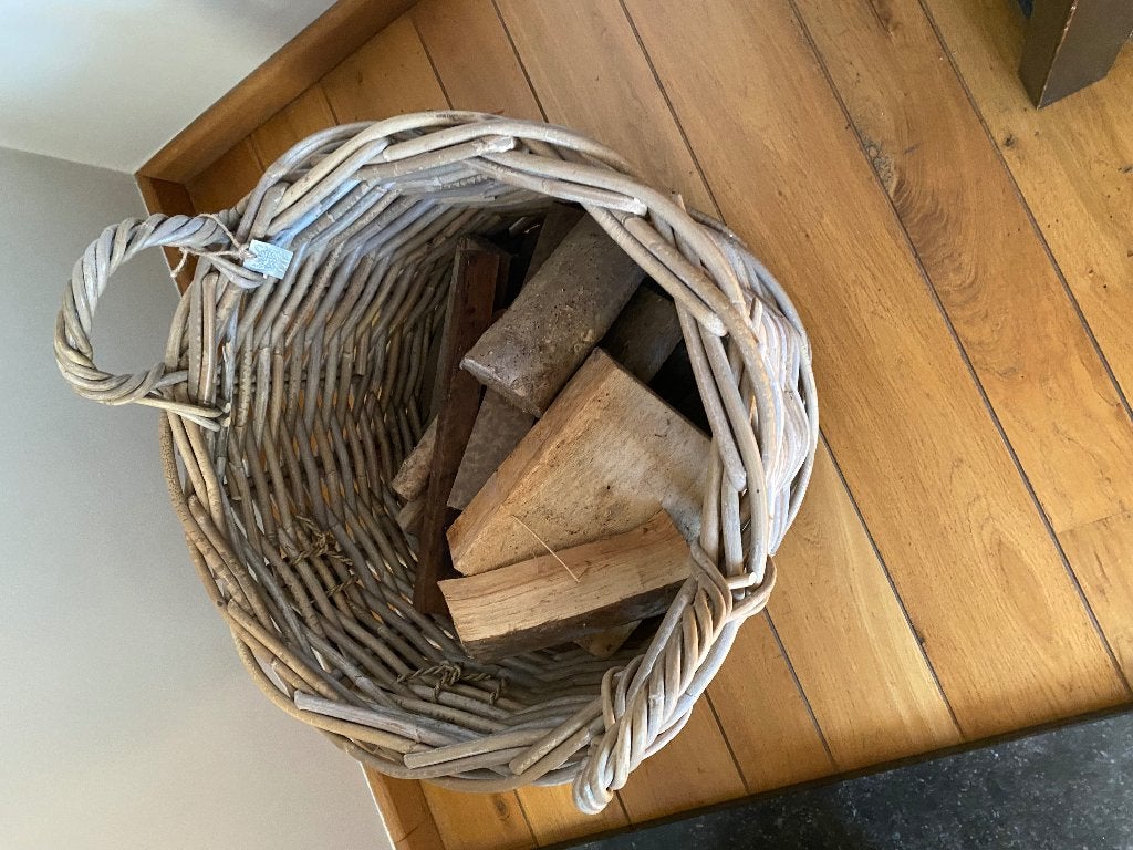 Mand rotan op wieltjes, Ophalen, Mand, Gevlochten, Rond