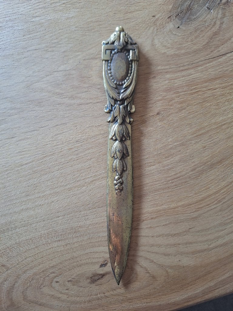 antieke/vintage messing briefopener met meandermotief, Antiek en Kunst, Ophalen of Verzenden