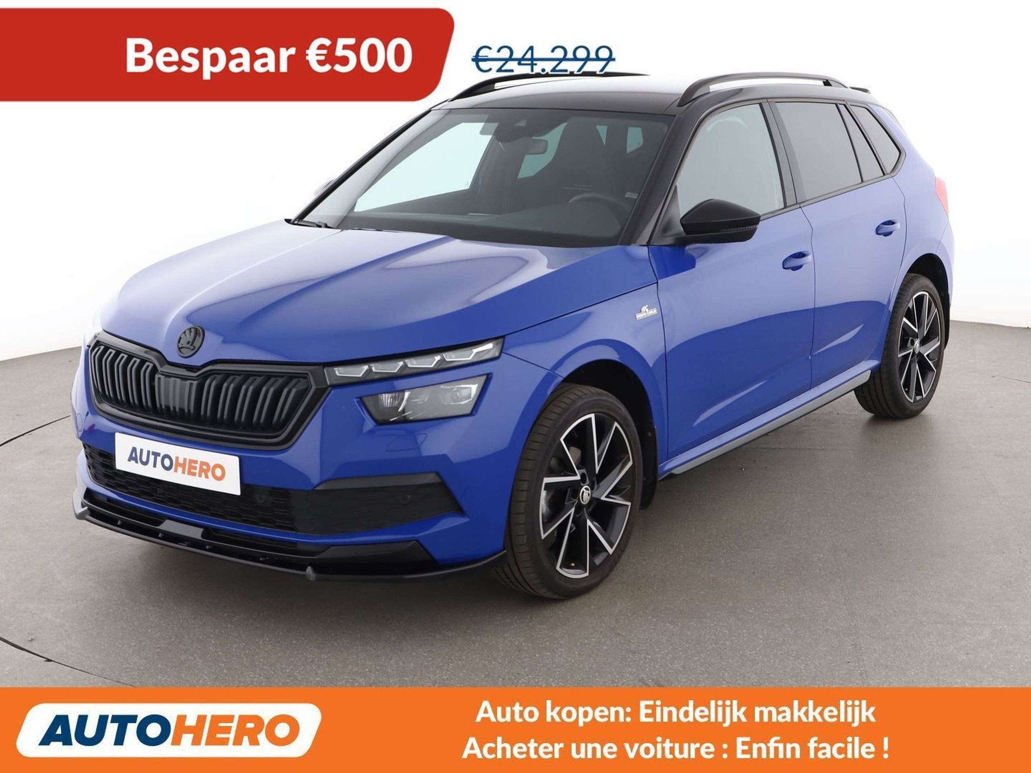 Skoda Kamiq 1.5 TSI ACT Monte Carlo (bj 2023, automaat), Auto's, Stof, 1277 kg, Blauw, Adaptive Cruise Control