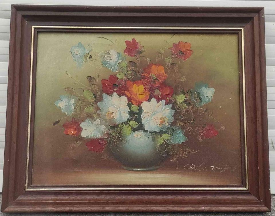 Huile sur toile fleur signe Charles Edouard, Ophalen of Verzenden