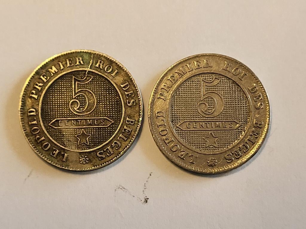 2 munten van 5 centimes Leopold I, Ophalen of Verzenden