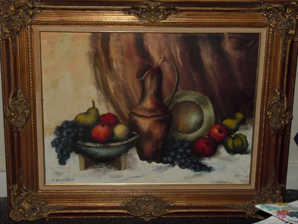 Schilderij: fruitmand met tinnen bord, Ophalen, Doek, Stilleven, Olieverf