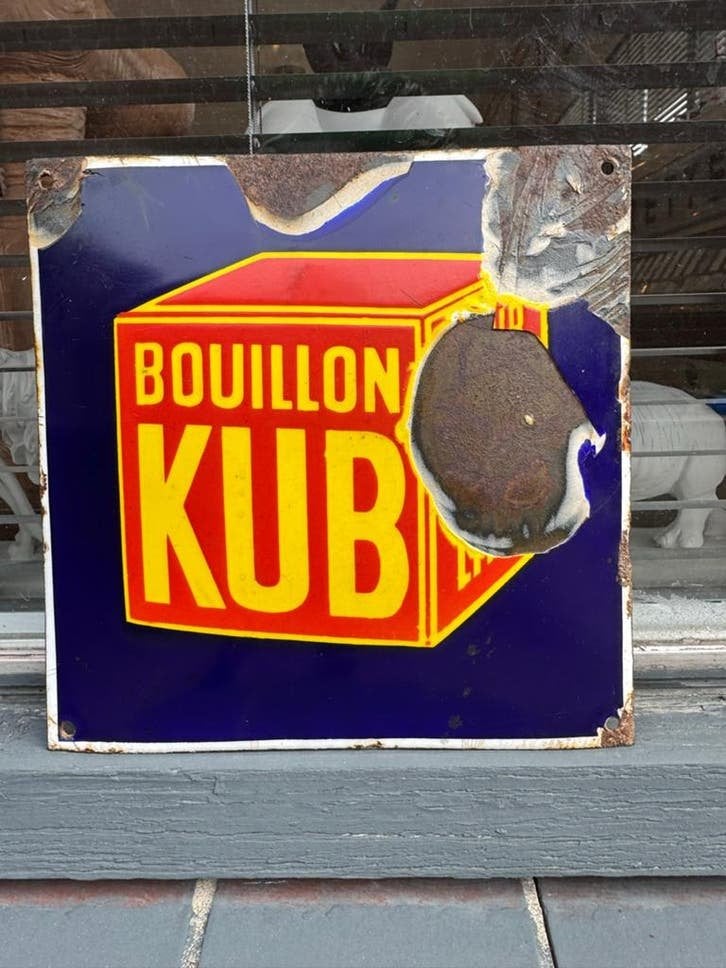 Vintage Bouillon Kub Emaille Reclamebord - Authentiek