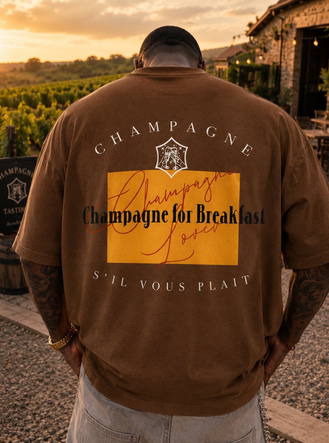Nouveau t-shirt unisexe taille L Champagne For Breakfast, Envoi, Neuf, Taille 52/54 (L), Brun