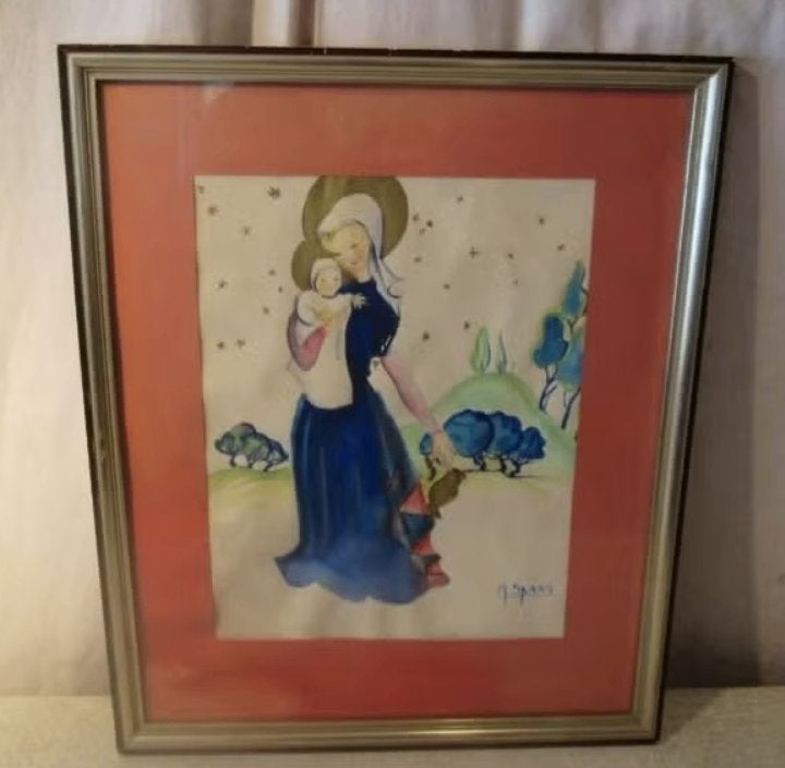 Belle aquarelle peinte à l'ancienne « Mère et enfant » Spaas, Enlèvement ou Envoi, Peint à la main, Aquarelle, Portrait ou Personnes