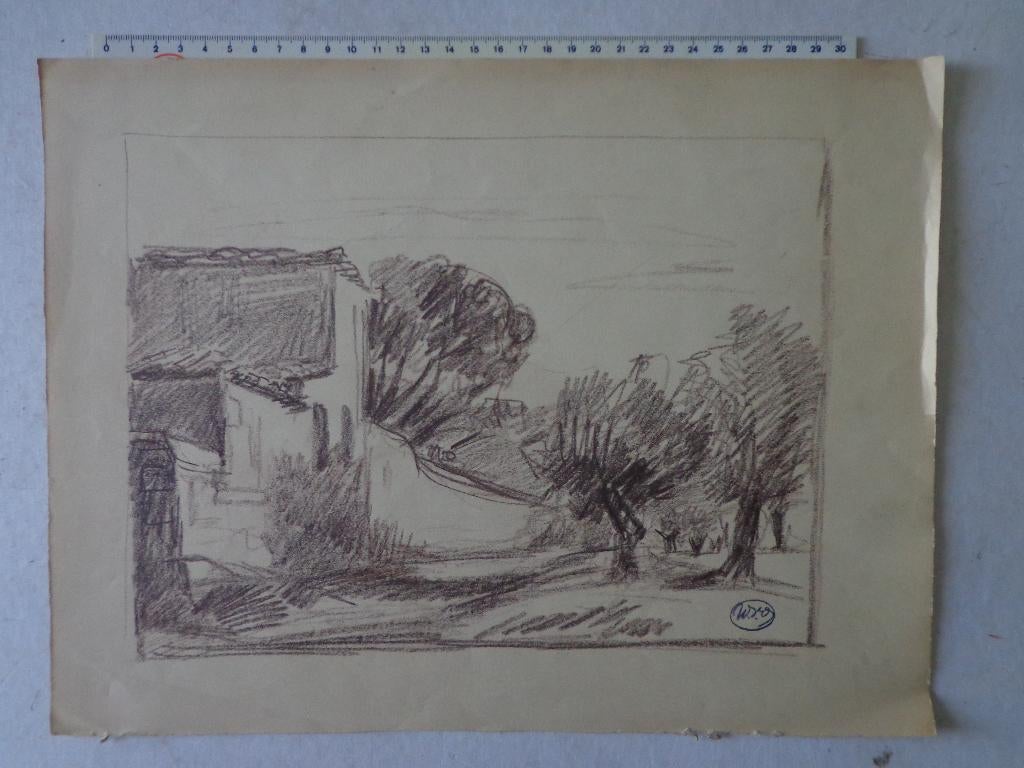 litho War Van Overstraeten "Landschap met huis en bomen", Ophalen of Verzenden