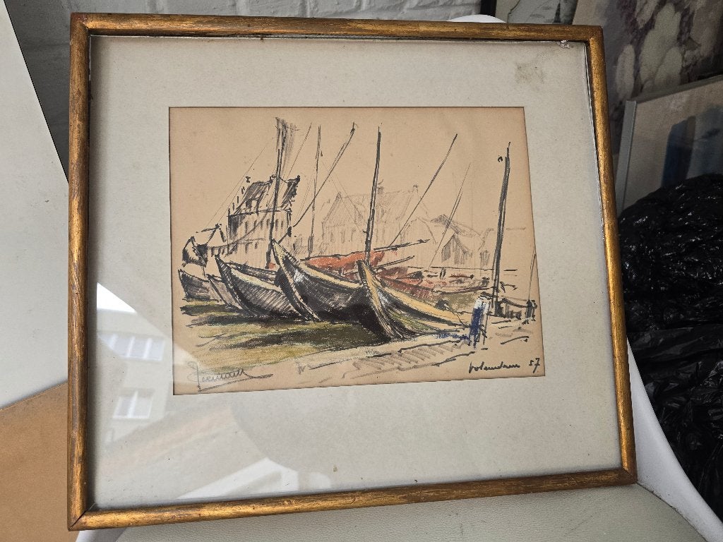 Zeeverf, vissersboten, vissen, Gesigneerd, Realistisch, Ophalen of Verzenden, Pastel