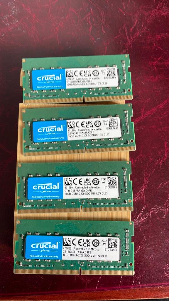 Crucial RAM 64 GB (4 x 16GB) DDR4-3200 SODIMM, Computers en Software, RAM geheugen, Gebruikt, DDR4, Ophalen of Verzenden, 64 GB