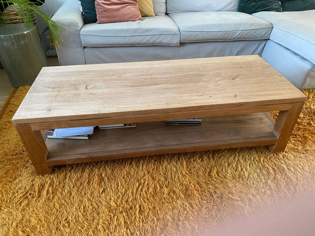 Ethnicraft teakhouten salontafel, Ophalen, Gebruikt, 100 tot 150 cm, Teakhout