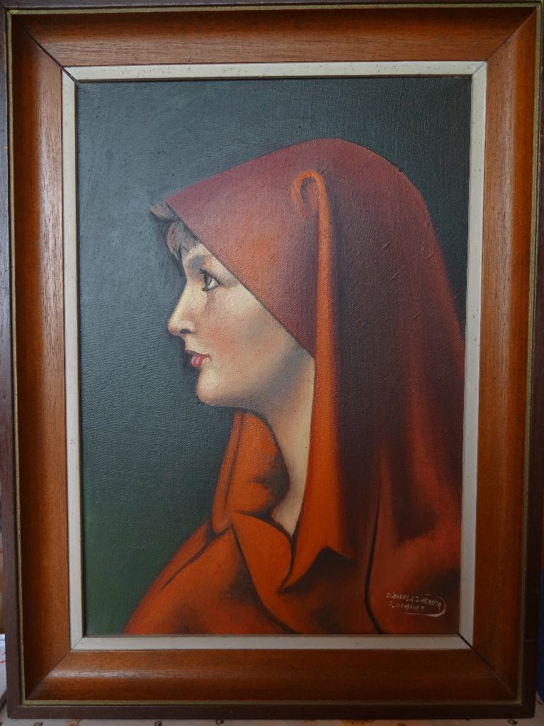 Peinture.J.Demanet.Marbaix la tour.Dame voile rouge.Fabiola, Antiquités & Art, Portrait ou Personnes, Peinture à l'huile, Enlèvement