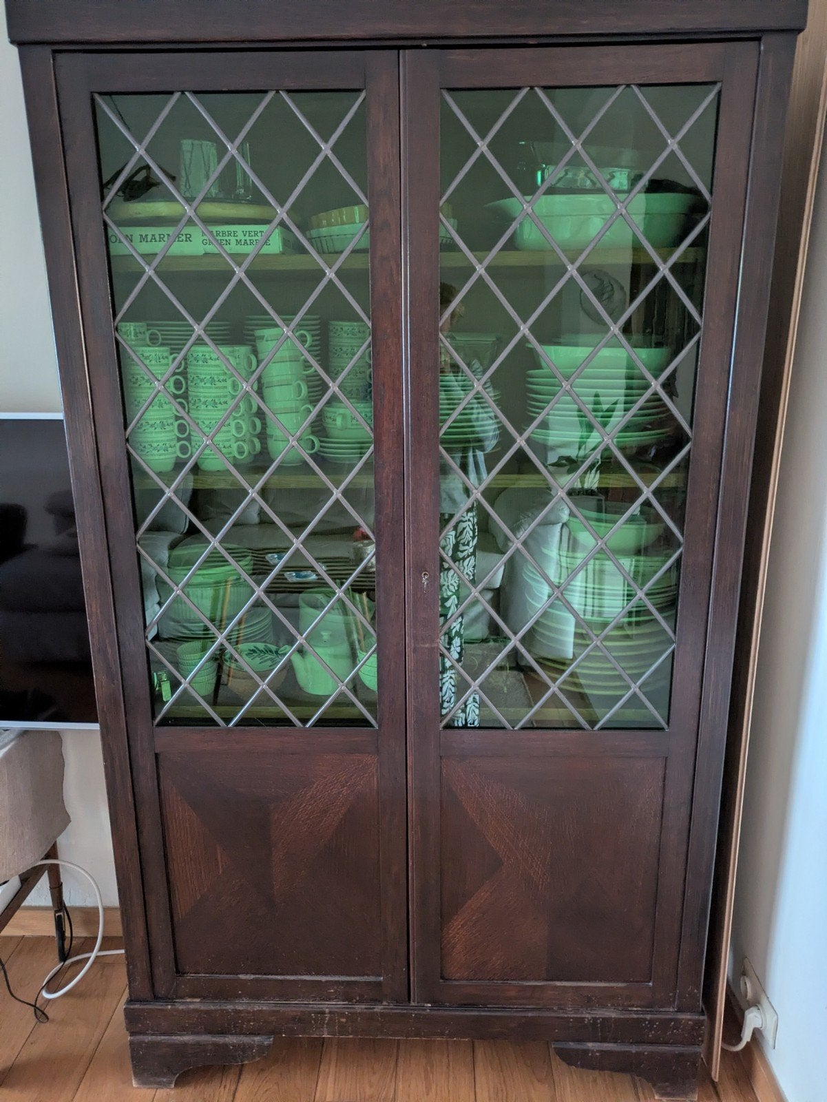 Vintage: 2 houten kasten met lichtgroen glas., Enlèvement, Utilisé
