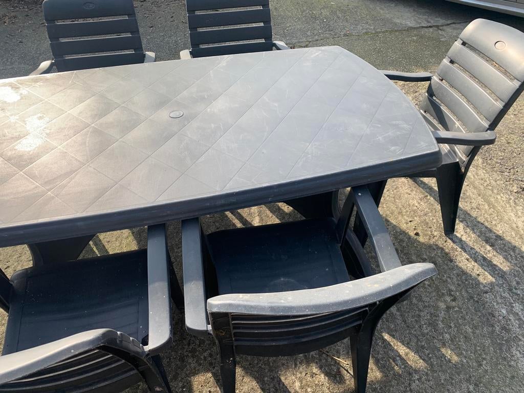 table de jardin ovale avec six chaises et base parasol, Enlèvement, Comme neuf, Salons de jardin