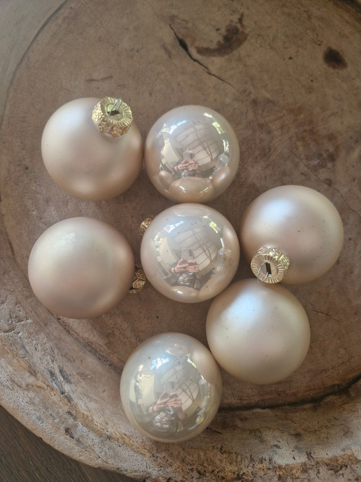 7 glazen kerstballen champagne parelmoer 6 cm – mat en glanz, Ophalen