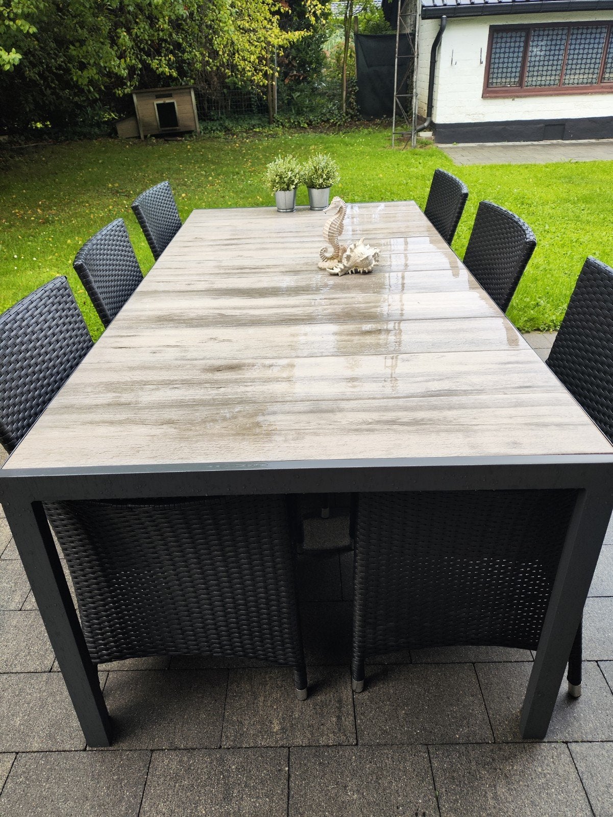 Tuinset – stevige tuintafel met 6 rieten stoelen, Enlèvement, Aluminium