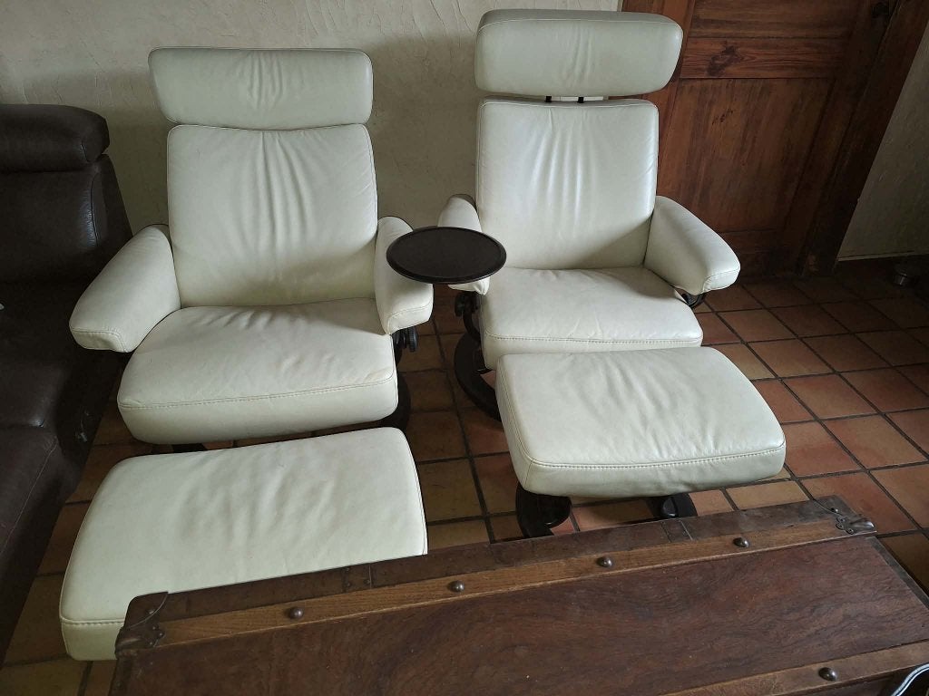 2 sièges Club - relax - 1 place avec pouf, cuir, Maison & Meubles, Enlèvement, Comme neuf, Bois