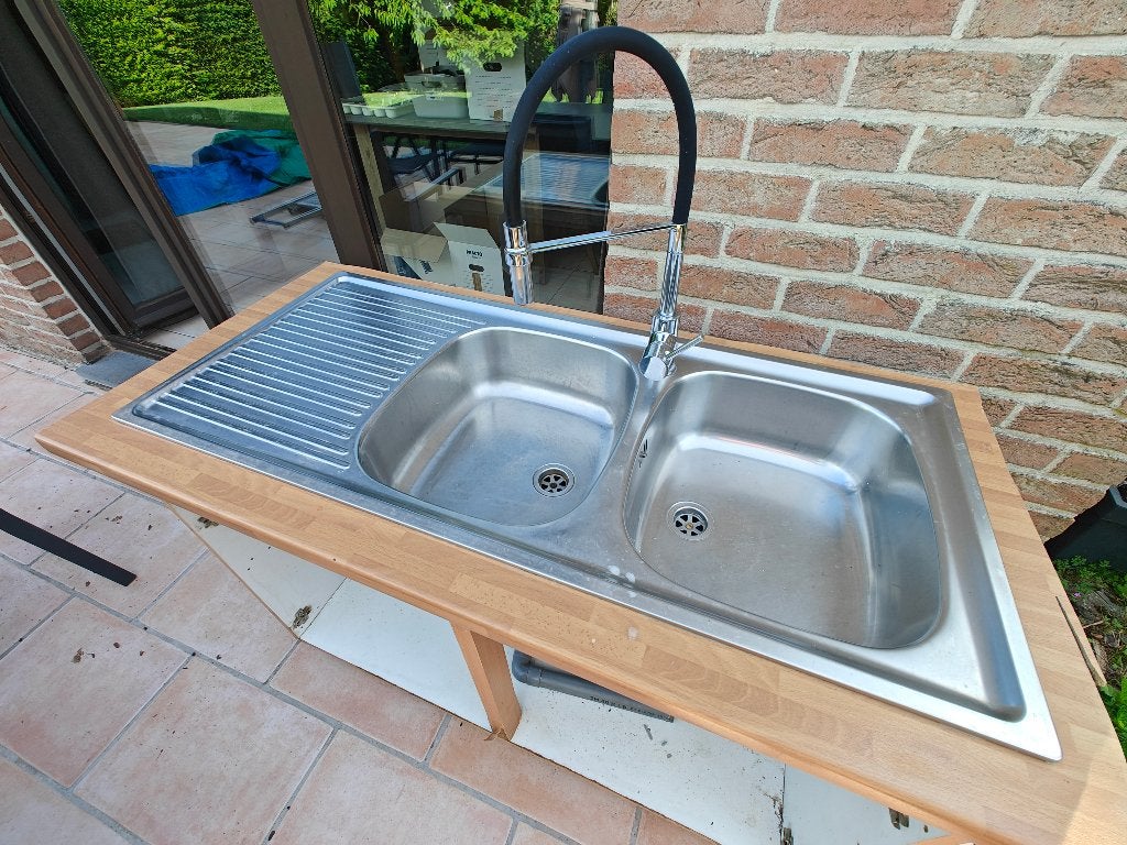Évier de cuisine inox double cuve + robinet flexible, Maison & Meubles, Cuisine | Éléments de cuisine, Utilisé, 100 à 150 cm, Moins de 50 cm