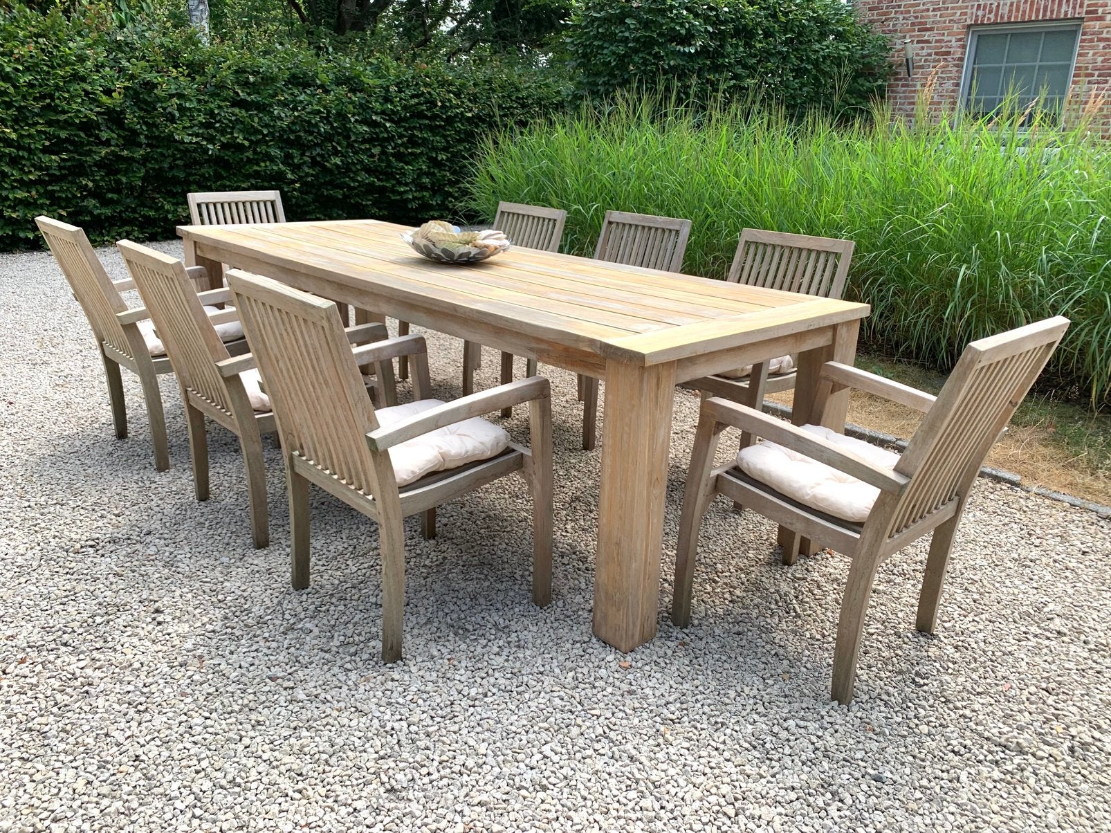 XL Teak Tuinset Tafel 280 + 8 stapel teak stoelen + kussens, Ophalen, Gebruikt, Teakhout, Tuinset