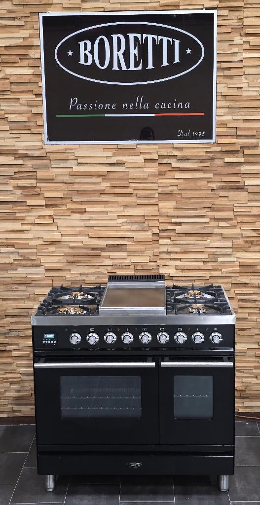 Luxe Fornuis Boretti 90cm hoogglans zwart + rvs 2 ovens, Electroménager, Cuisinières, Gaz, Classe énergétique A ou plus économe