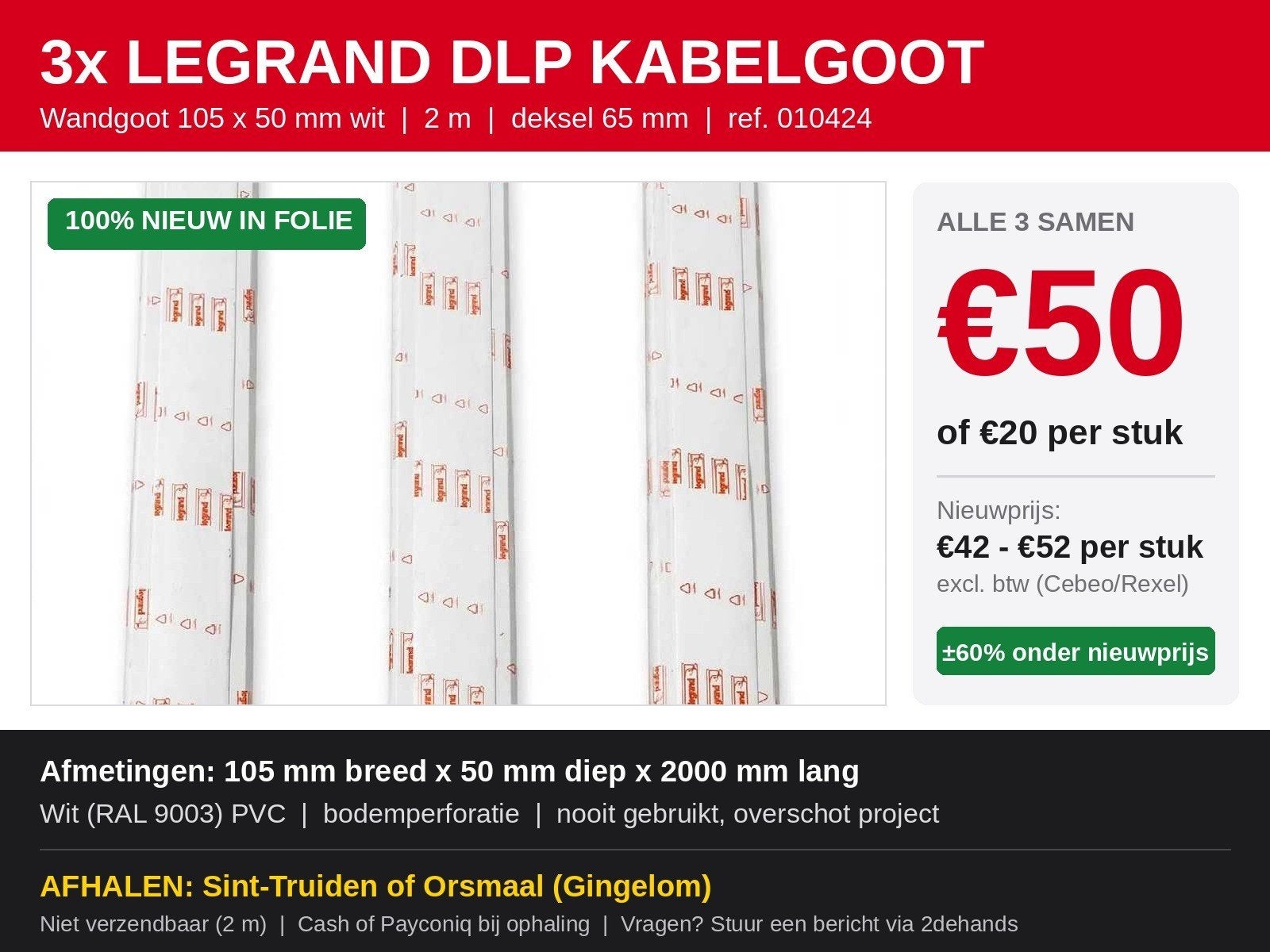 Legrand kabelgoot 010424 50x105, Doe-het-zelf en Bouw, Ophalen, Nieuw