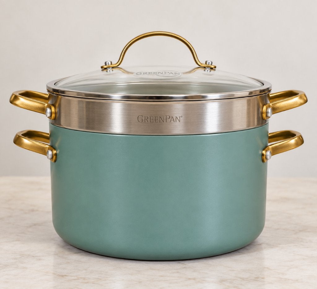 GreenPan kookpot 7,6 L / 24 cm met deksel en RVS inzet, Enlèvement ou Envoi, Compatible lave-vaisselle, Aluminium, Comme neuf