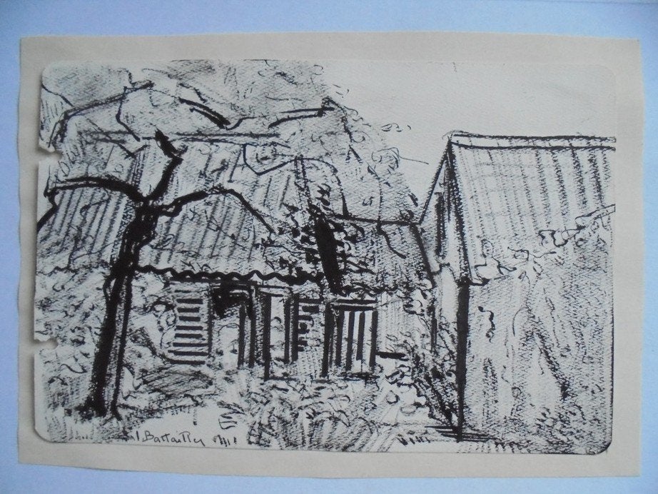 Irene Battaille  Tekening in inkt  Boerenwoning, Antiek en Kunst, Verzenden, Tekening, Gesigneerd