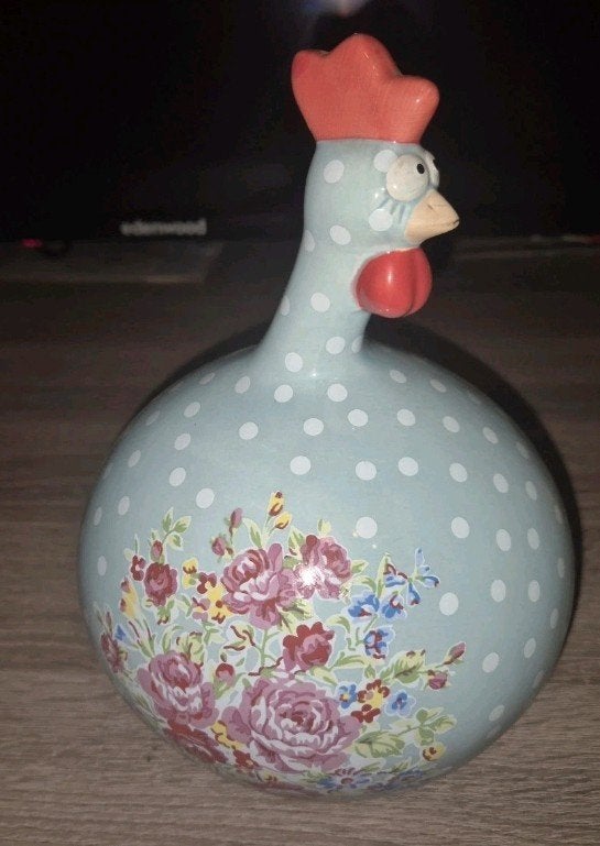 Poule de collection céramique J-LINE bleue à pois et fleurs, Envoi, Comme neuf, Animal