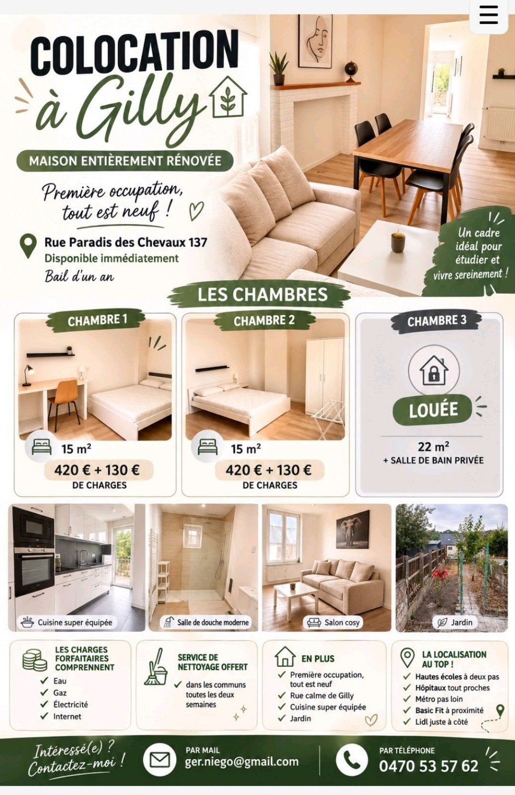 nouvelle colocation à Gilly 3 personnes dans un endroit calm, Contacten en Berichten, Huisgenoten gezocht